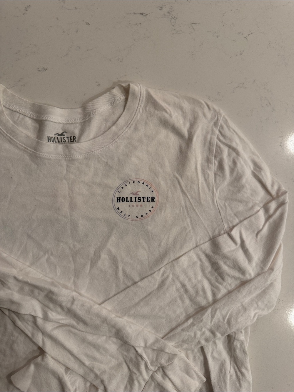 Hollister White Long Sleeve Crew with Small Chest Emblem